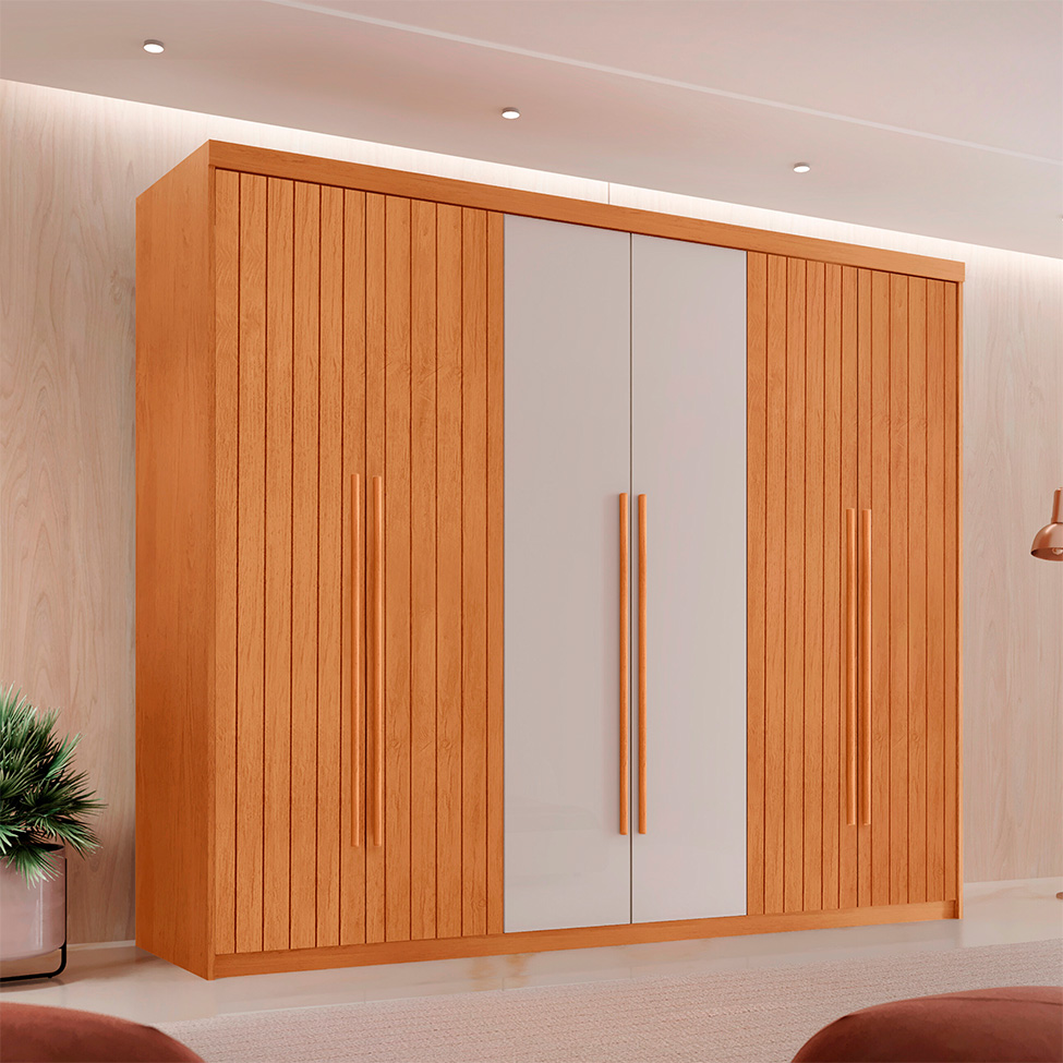 Guarda-Roupa Casal Frisado Xangai 100% MDF 6 Portas 2 Gavetas Naturalle e Off White