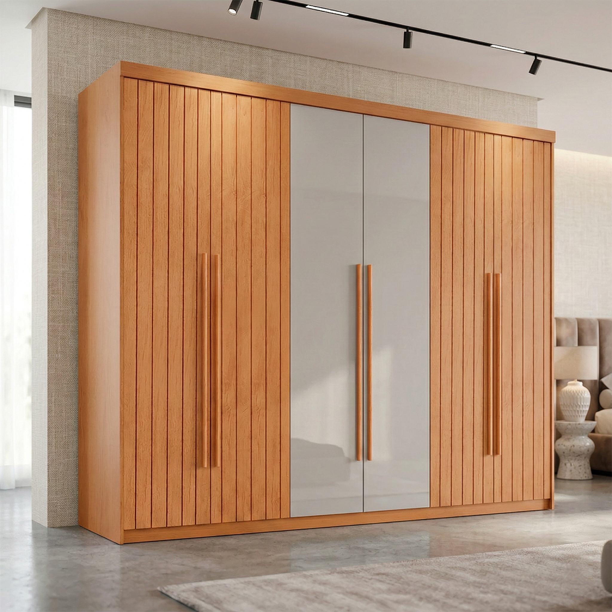 Guarda-Roupa Casal Frisado Xangai 100% MDF 6 Portas 2 Gavetas Naturalle e Off White