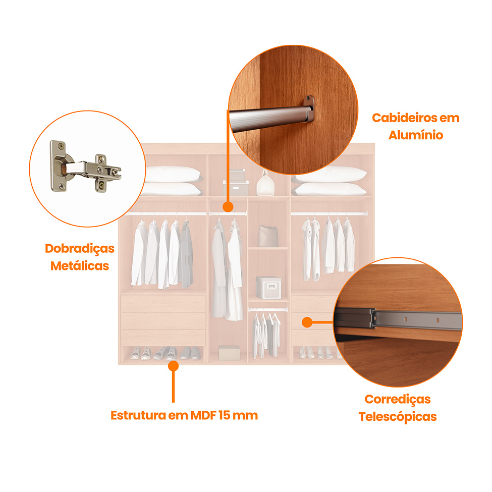 Guarda-Roupa Casal Fusion 100% MDF 6 Portas 6 Gavetas Nauralle e Off White