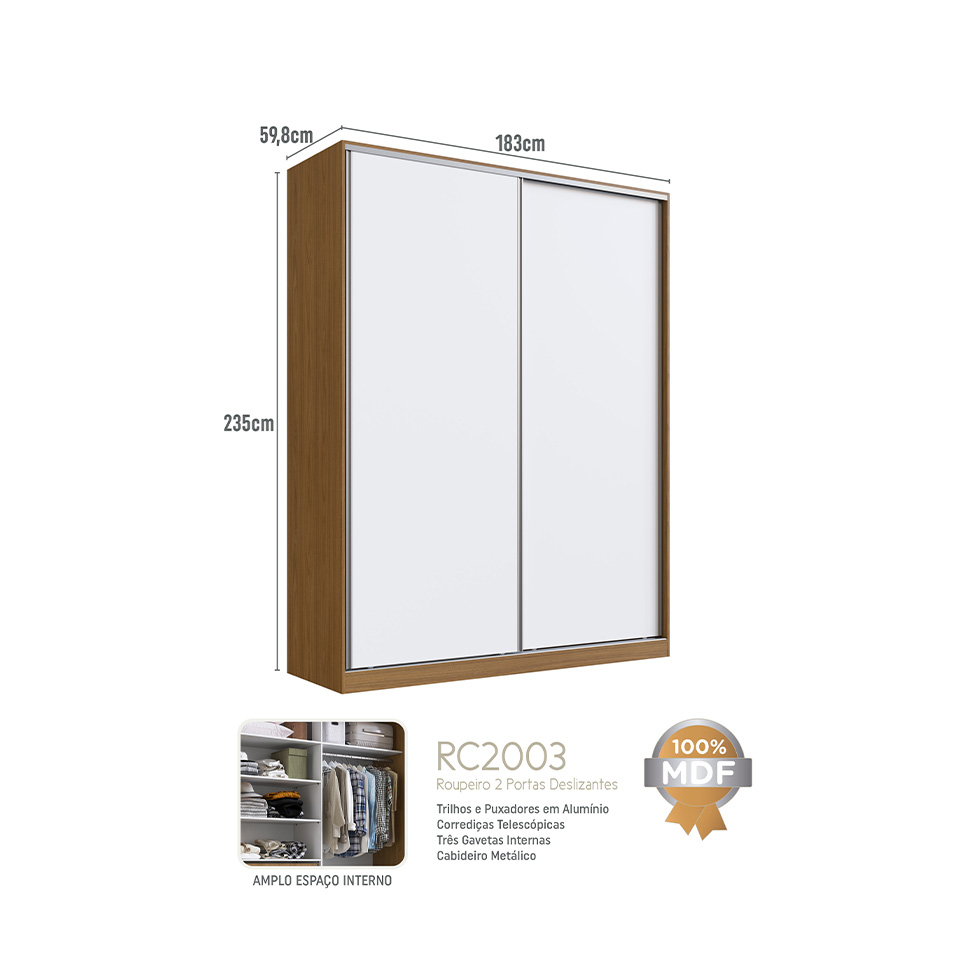 Guarda-Roupa Casal Gioh 2 Portas 3 Gavetas Freijó e Branco