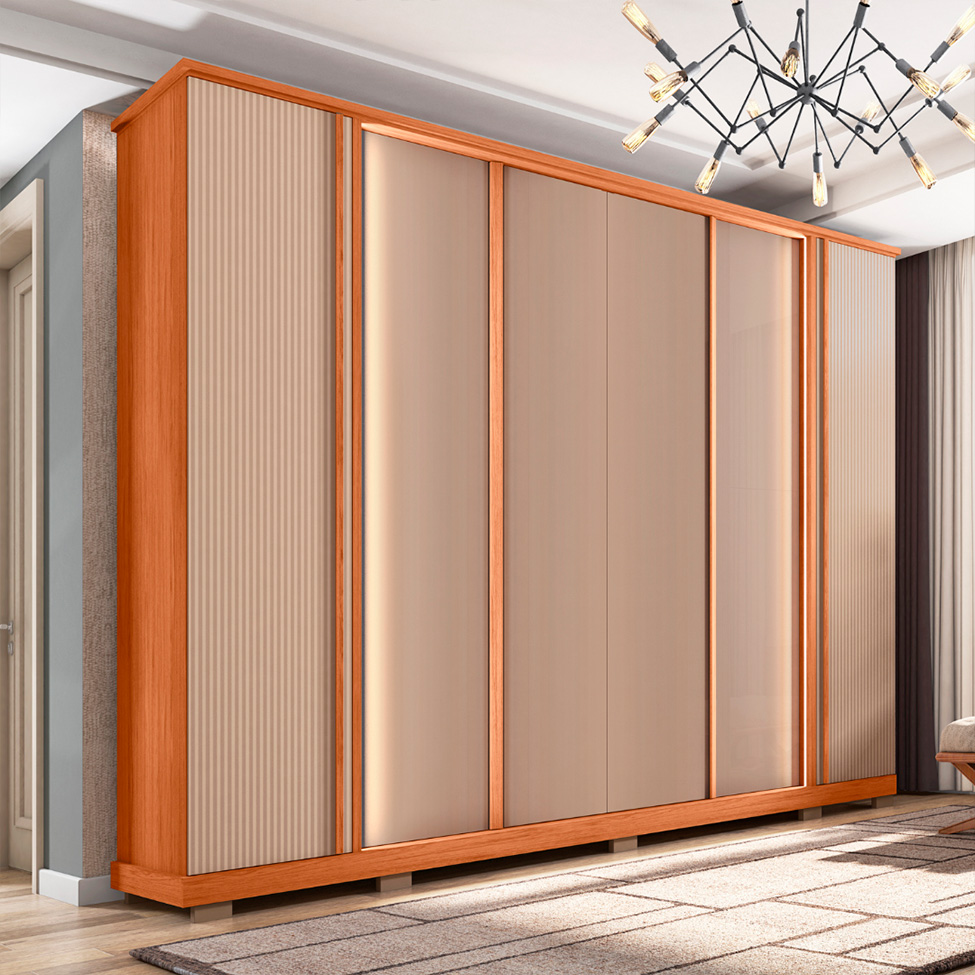 Guarda-Roupa Casal Imperial Ripado 6 Portas 4 Gavetas Freijó e Bege