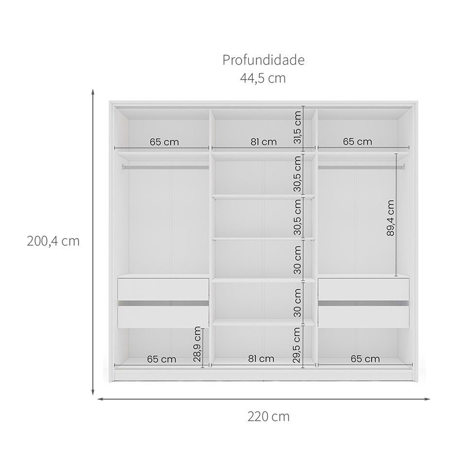 Guarda-Roupa Casal Lisboa 3 Portas 4 Gavetas Branco
