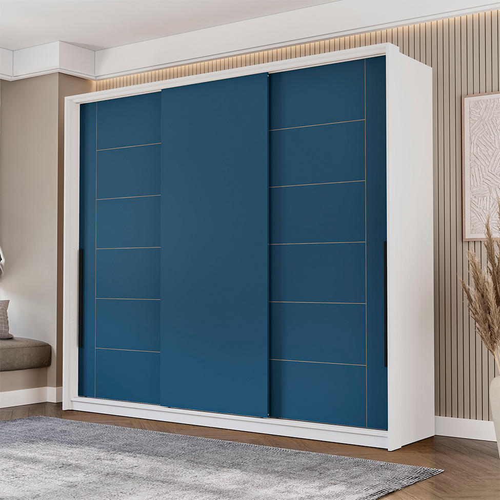 Guarda-Roupa Casal Lisboa 3 Portas 4 Gavetas Branco e Azul