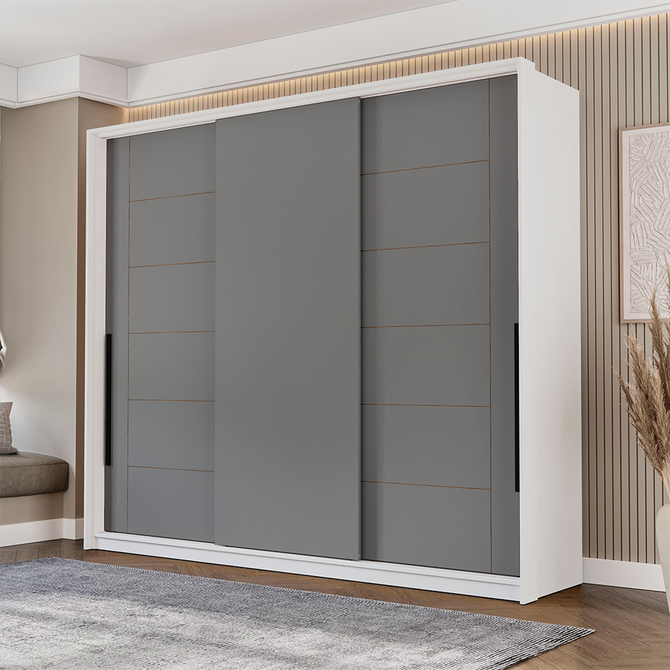 Guarda-Roupa Casal Lisboa 3 Portas 4 Gavetas Branco e Cinza