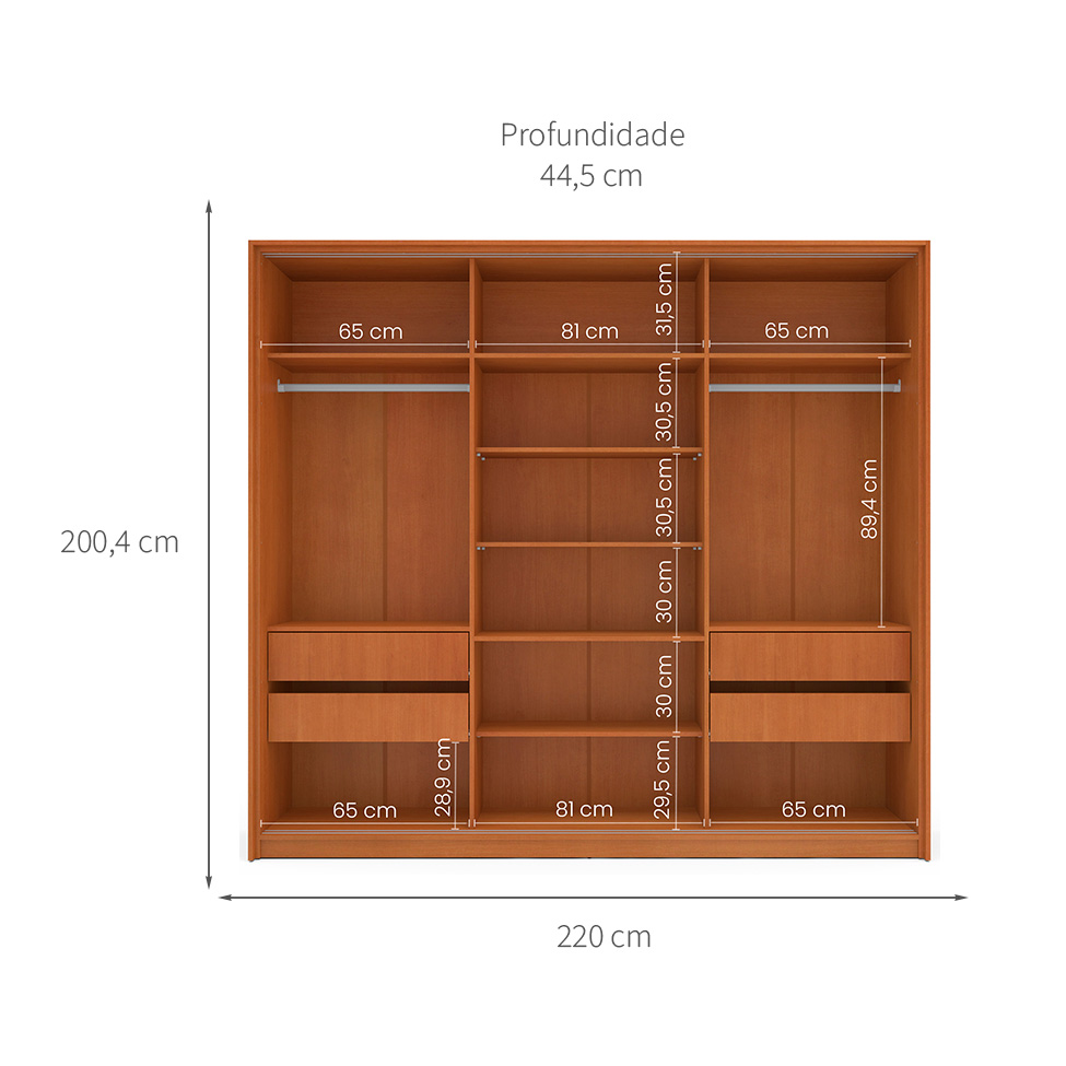 Guarda-Roupa Casal Lisboa 3 Portas 4 Gavetas Freijó e Azul