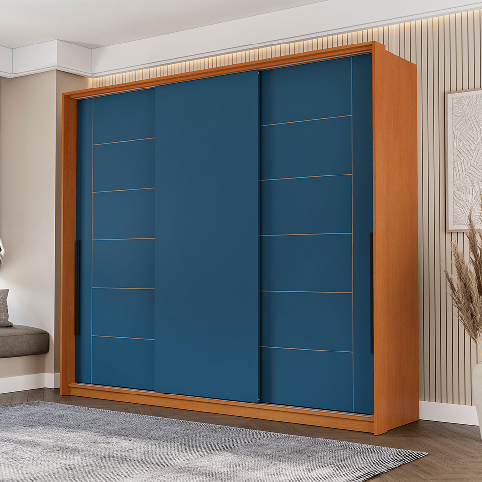 Guarda-Roupa Casal Lisboa 3 Portas 4 Gavetas Freijó e Azul
