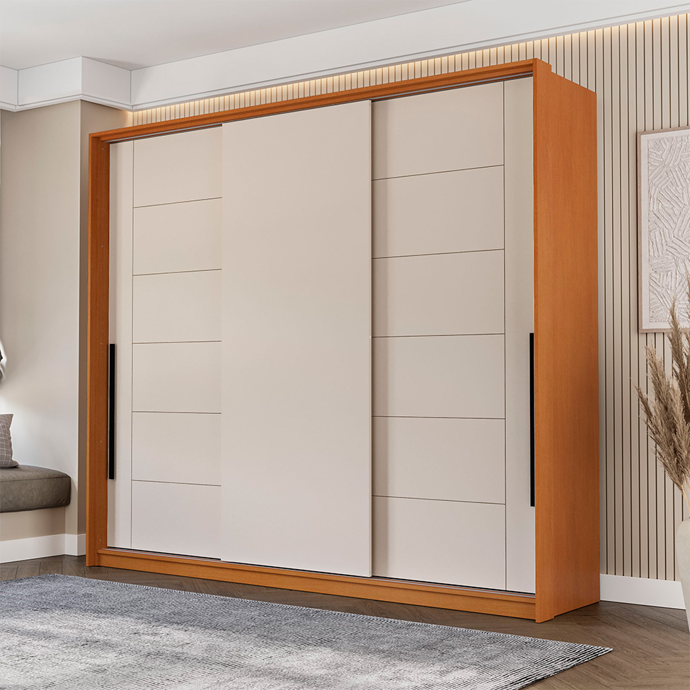 Guarda-Roupa Casal Lisboa 3 Portas 4 Gavetas Freijó e Creme