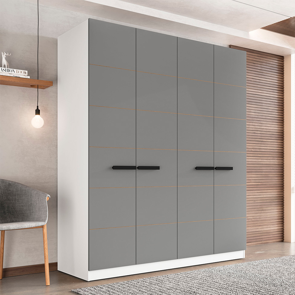 Guarda-Roupa Casal Lisboa 4 Portas 4 Gavetas Branco e Cinza