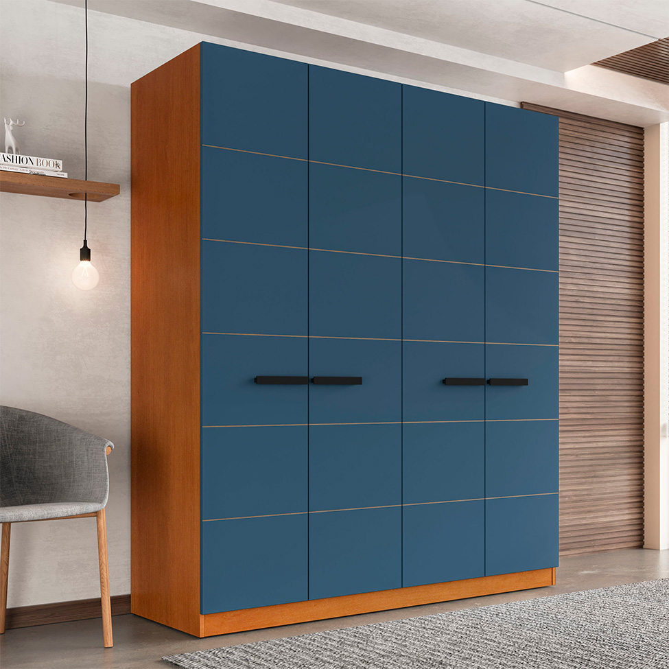 Guarda-Roupa Casal Lisboa 4 Portas 4 Gavetas Freijó e Azul