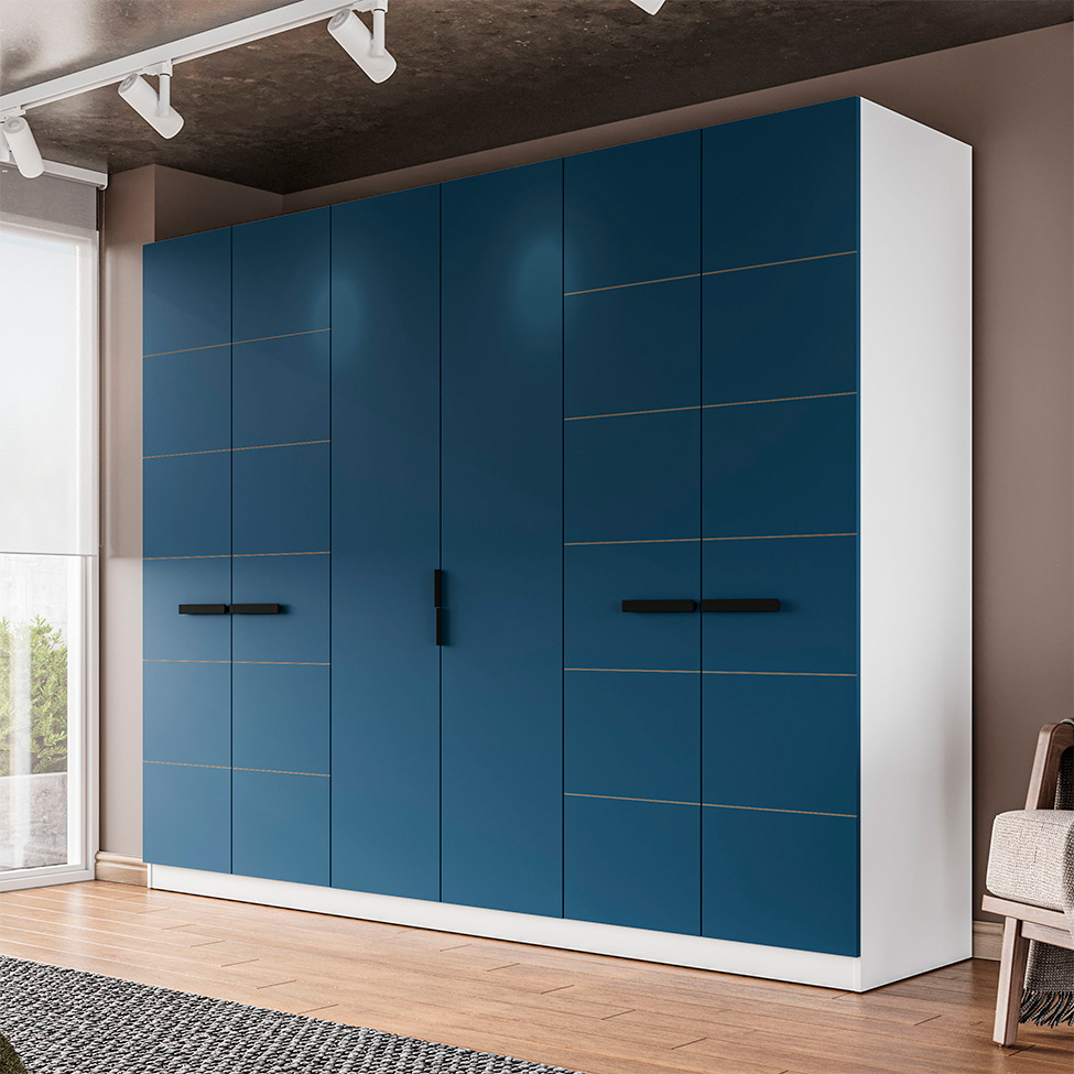 Guarda-Roupa Casal Lisboa 6 Portas 4 Gavetas Branco e Azul