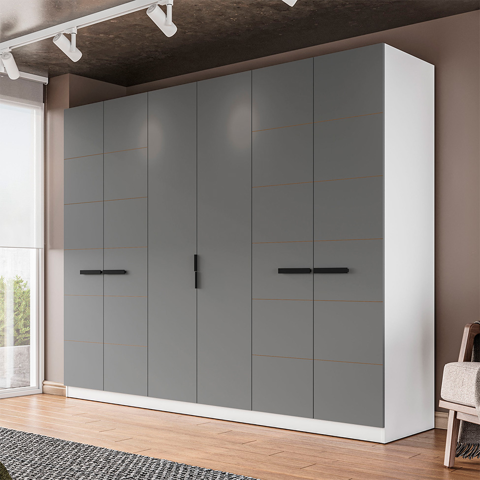 Guarda-Roupa Casal Lisboa 6 Portas 4 Gavetas Branco e Cinza