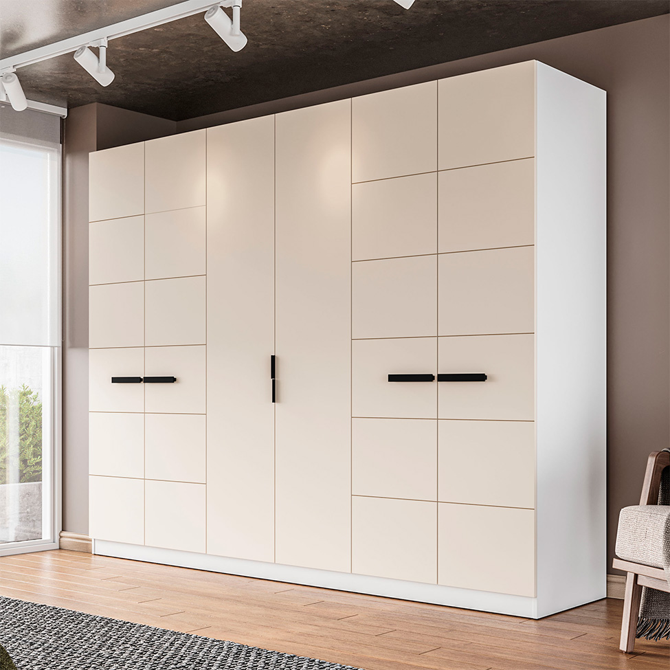 Guarda-Roupa Casal Lisboa 6 Portas 4 Gavetas Branco e Creme