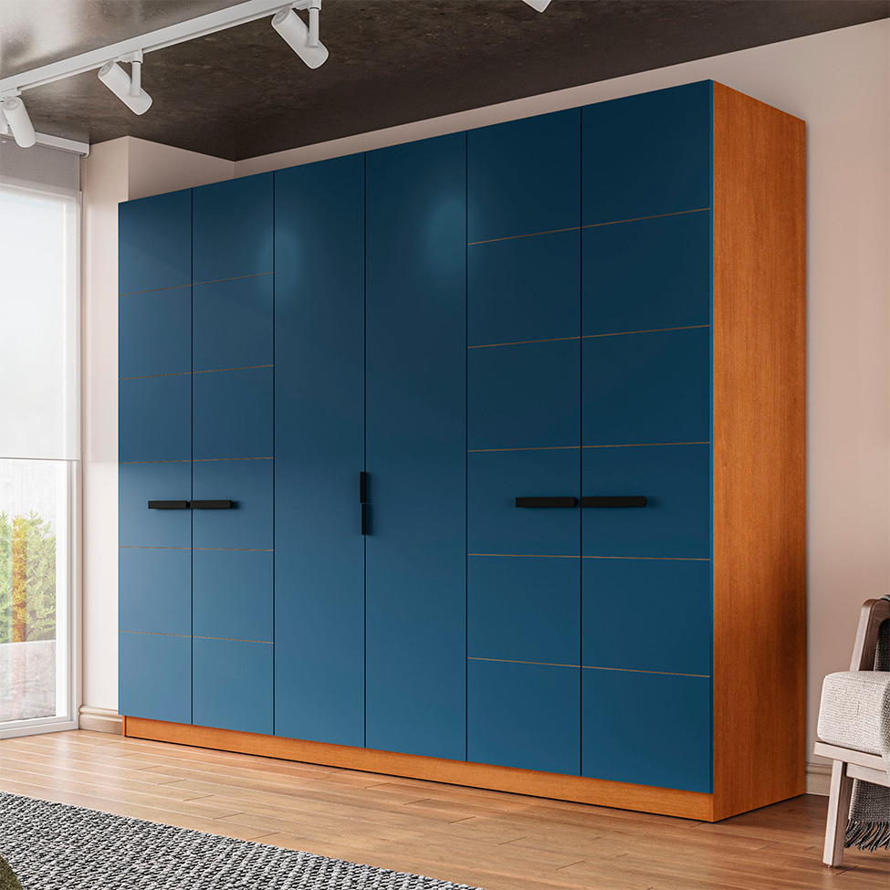 Guarda-Roupa Casal Lisboa 6 Portas 4 Gavetas Freijó e Azul