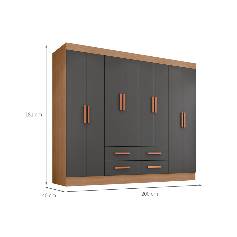 Guarda-Roupa Casal Lite 8 Portas 4 Gavetas Cinza e Nature
