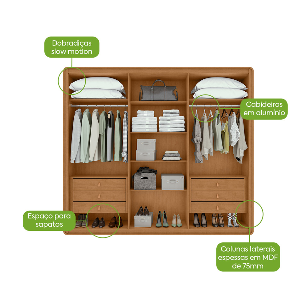 Guarda-Roupa Casal Loop com Pés 6 Portas 6 Gavetas Amêndoa