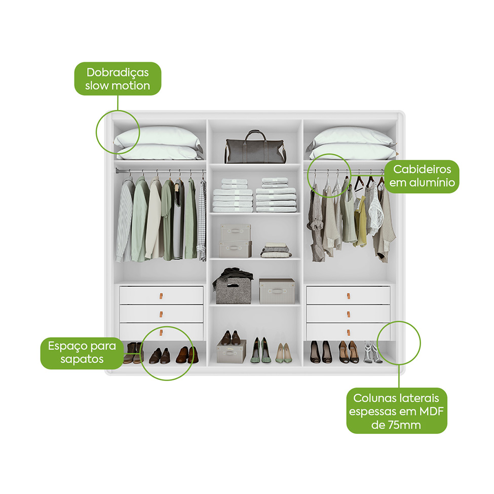 Guarda-Roupa Casal Loop com Pés 6 Portas 6 Gavetas Branco