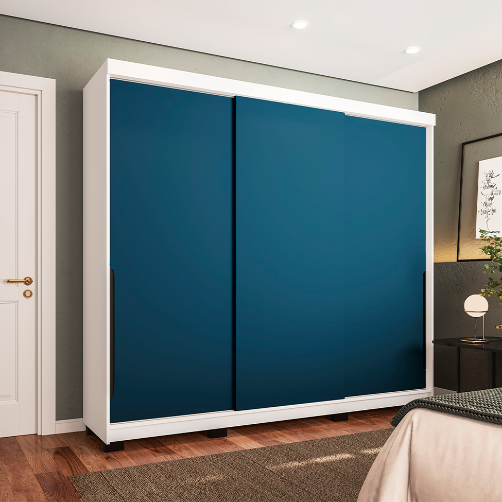 Guarda-Roupa Casal Madrid 3 Portas 4 Gavetas Branco e Azul