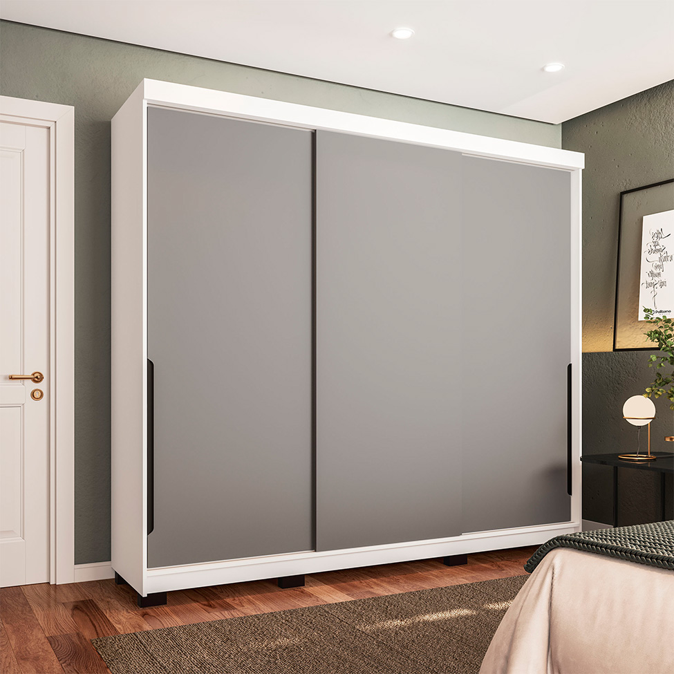 Guarda-Roupa Casal Madrid 3 Portas 4 Gavetas Branco e Cinza