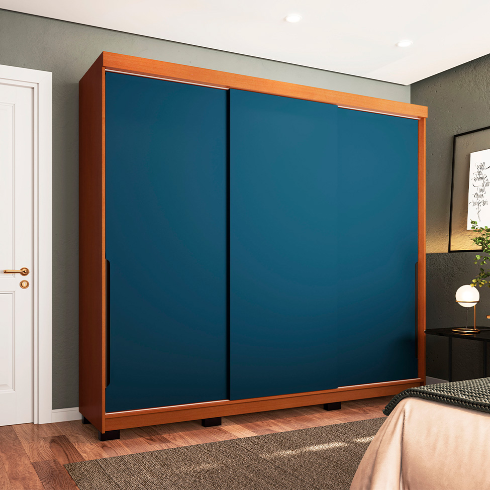 Guarda-Roupa Casal Madrid 3 Portas 4 Gavetas Freijó e Azul