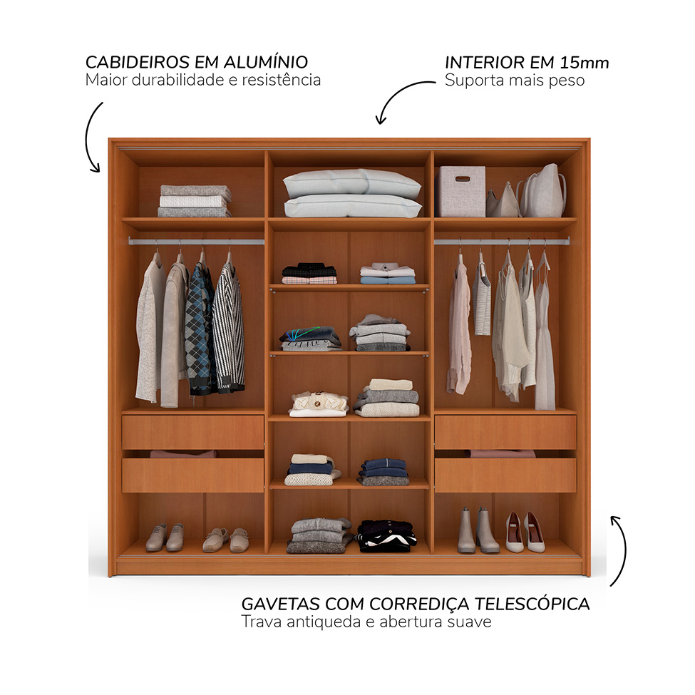 Guarda-Roupa Casal Madrid 3 Portas 4 Gavetas Freijó e Branco