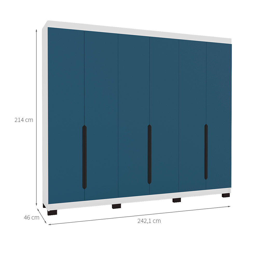 Guarda-Roupa Casal Madrid 6 Portas 4 Gavetas Branco e Azul