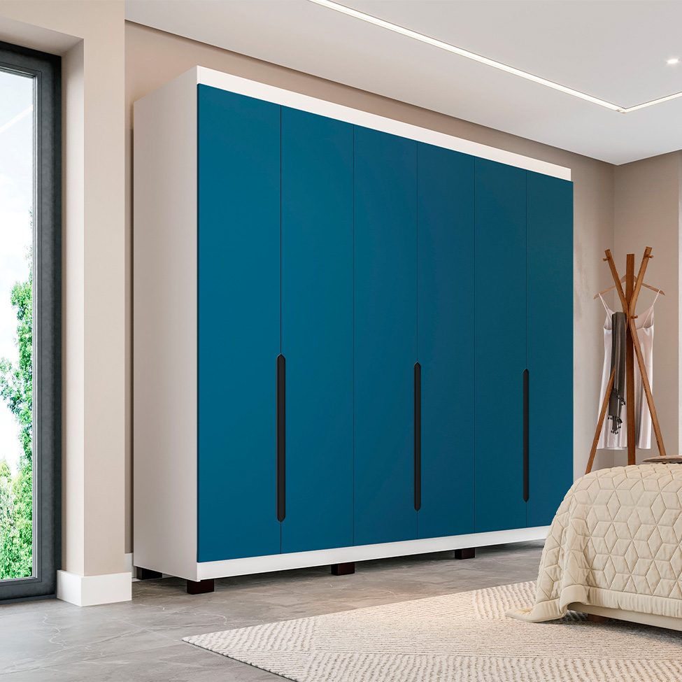 Guarda-Roupa Casal Madrid 6 Portas 4 Gavetas Branco e Azul