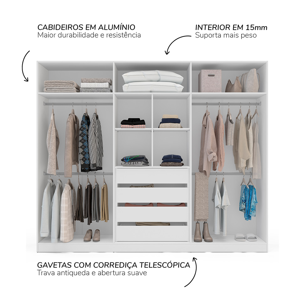 Guarda-Roupa Casal Madrid 6 Portas 4 Gavetas Branco e Azul