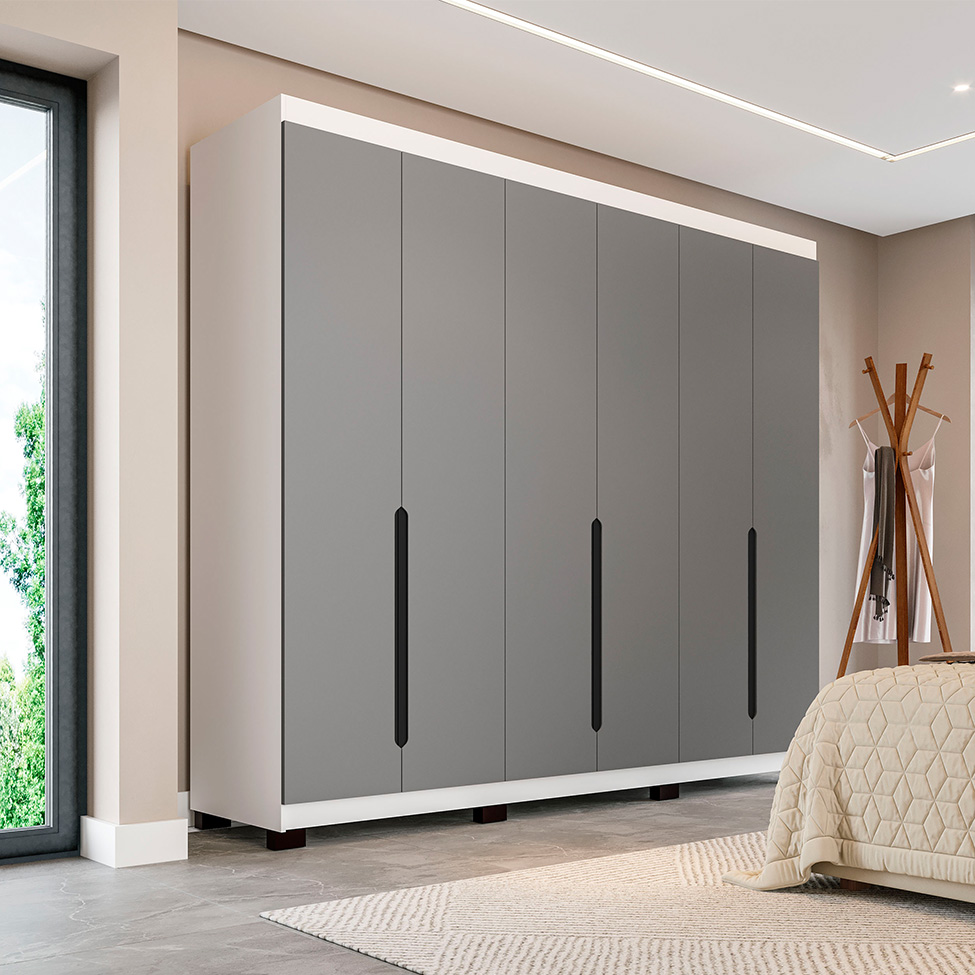 Guarda-Roupa Casal Madrid 6 Portas 4 Gavetas Branco e Cinza