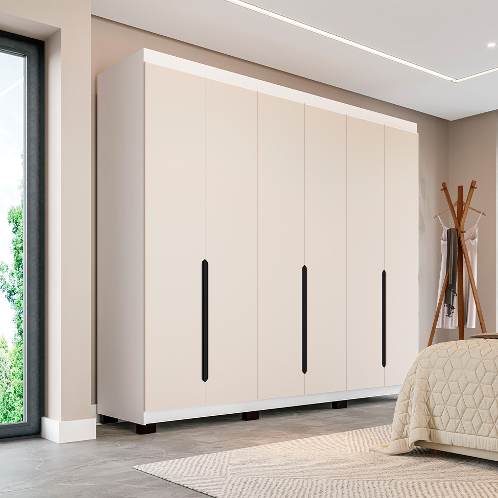 Guarda-Roupa Casal Madrid 6 Portas 4 Gavetas Branco e Creme