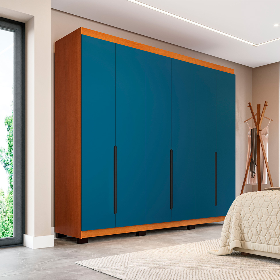 Guarda-Roupa Casal Madrid 6 Portas 4 Gavetas Freijó e Azul