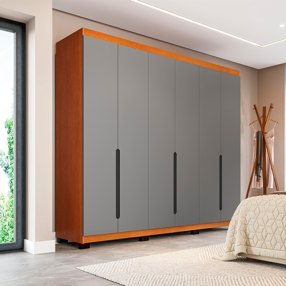 Guarda-Roupa Casal Madrid 6 Portas 4 Gavetas Freijó e Cinza