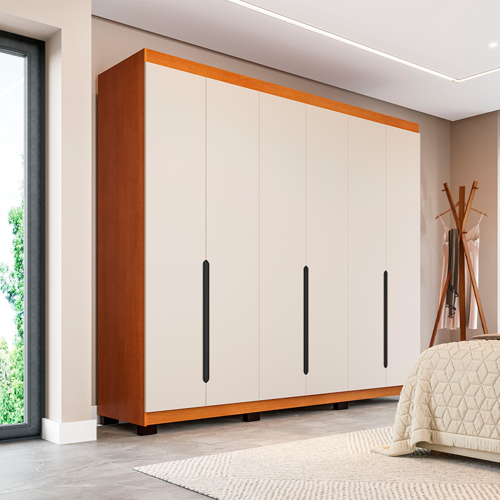 Guarda-Roupa Casal Madrid 6 Portas 4 Gavetas Freijó e Creme