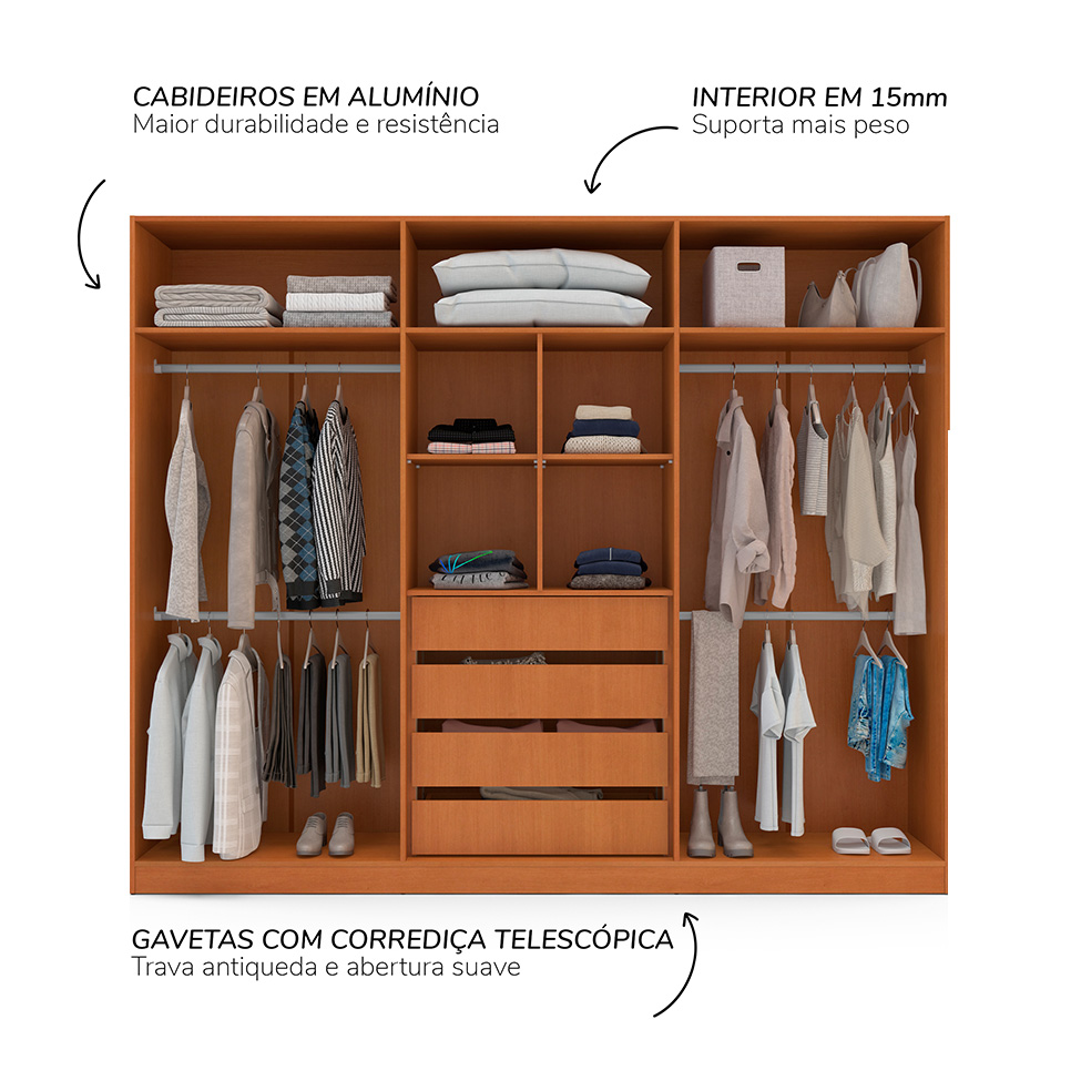 Guarda-Roupa Casal Madrid 6 Portas 4 Gavetas Freijó e Creme