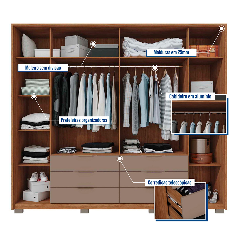 Guarda-Roupa Casal Maximus 6 Portas 6 Gavetas Buriti e Fendi