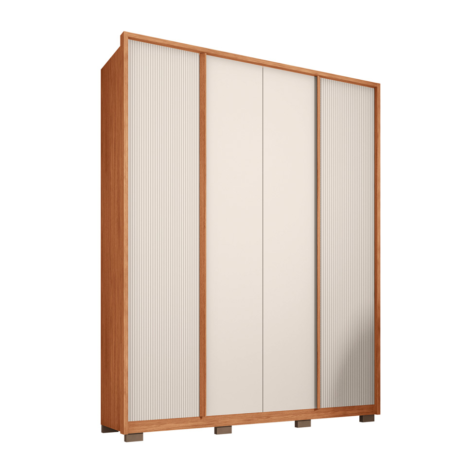 Guarda-Roupa Casal Microrripado Lior 4 Portas 3 Gavetas Off White e Freijó