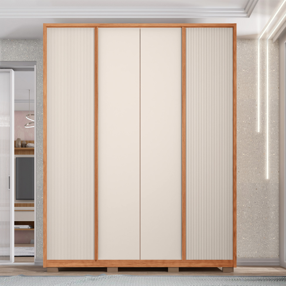 Guarda-Roupa Casal Microrripado Lior 4 Portas 3 Gavetas Off White e Freijó
