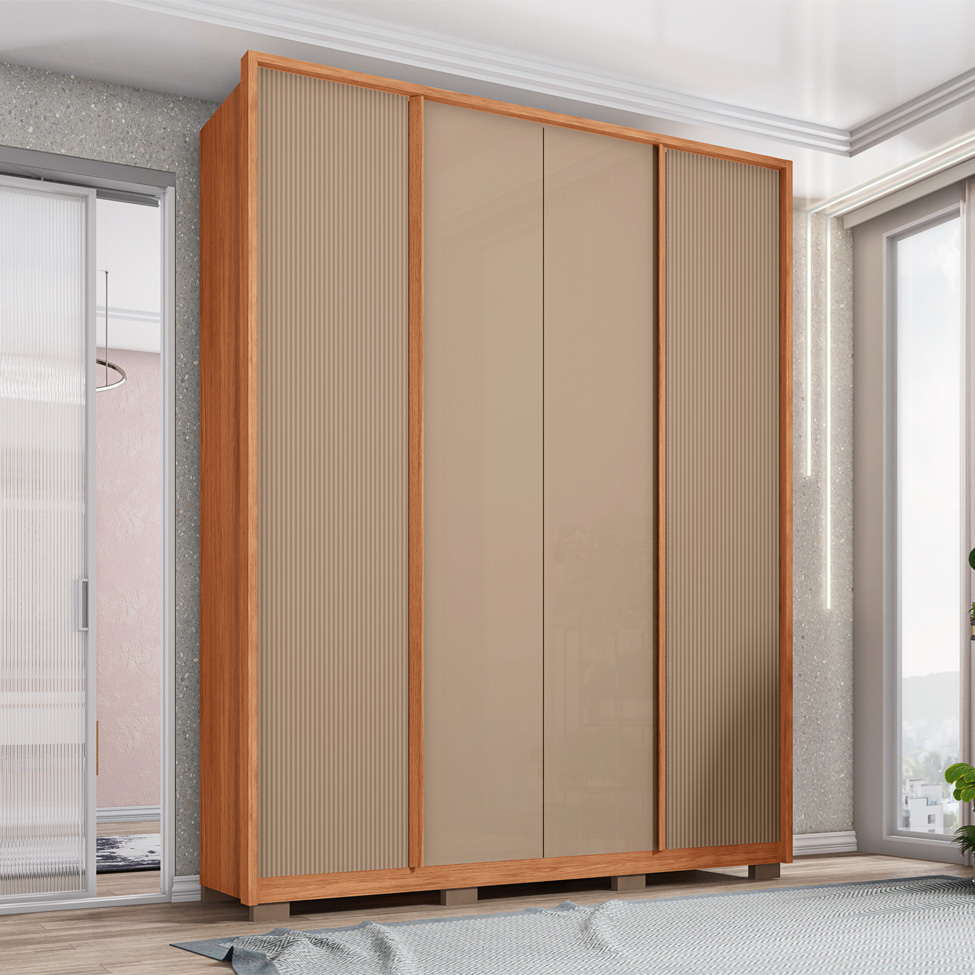Guarda-Roupa Casal Microrripado Lior 4 Portas 3 Gavetas Suede e Freijó