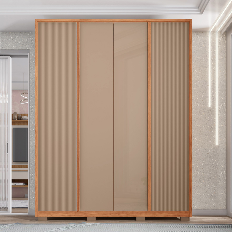 Guarda-Roupa Casal Microrripado Lior 4 Portas 3 Gavetas Suede e Freijó
