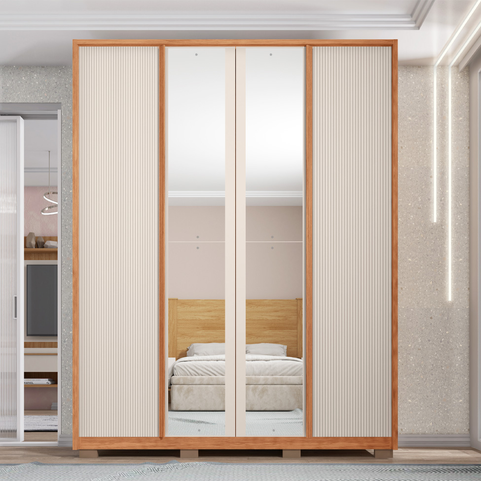 Guarda-Roupa Casal Microrripado com Espelho Lior 4 Portas 3 Gavetas Off White e Freijó