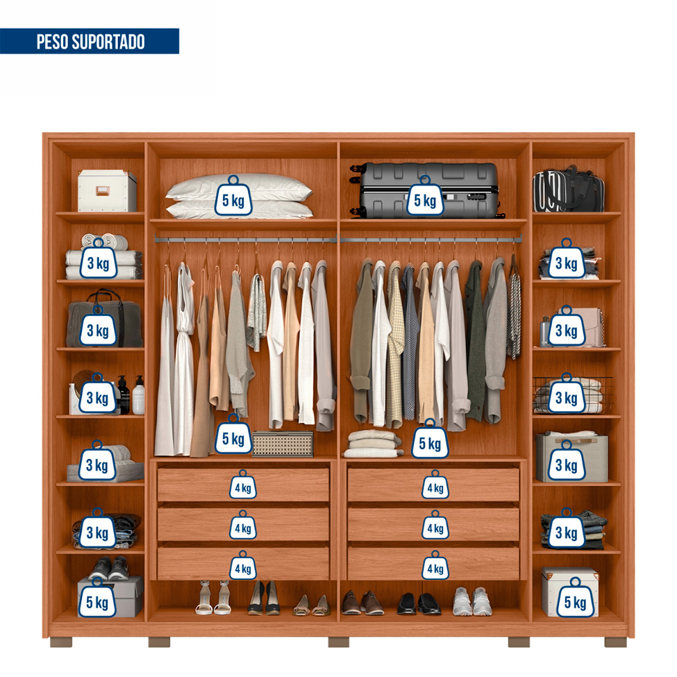 Guarda-Roupa Casal Milanus 6 Portas 6 Gavetas Freijó e Off White
