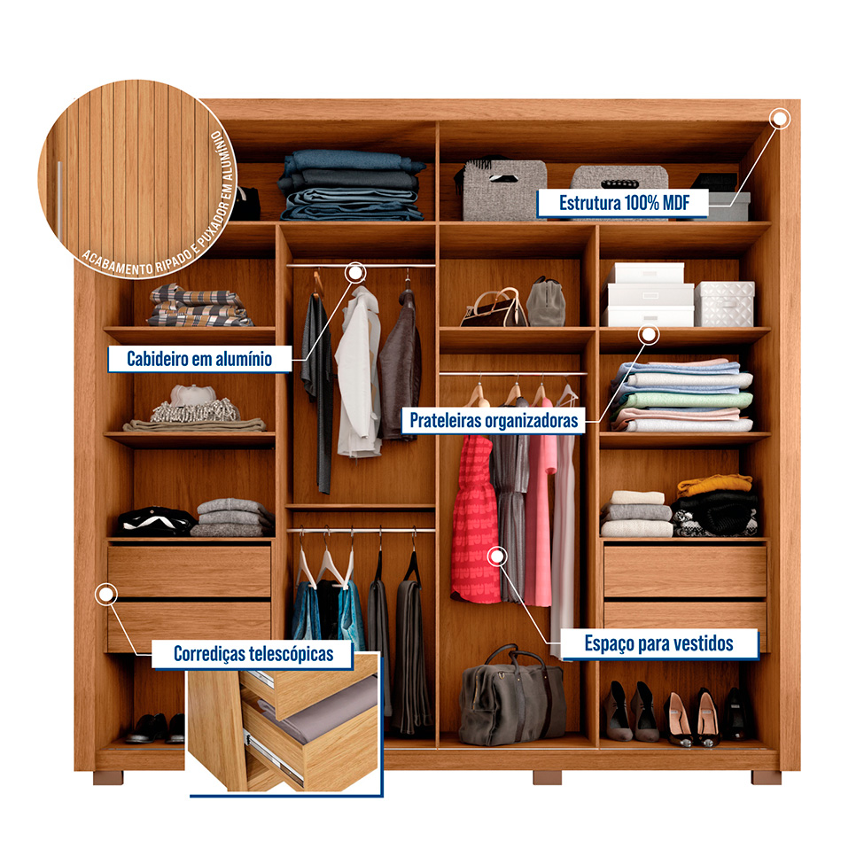 Guarda-Roupa Casal Moviment 2 Portas 4 Gavetas Buriti e Fendi