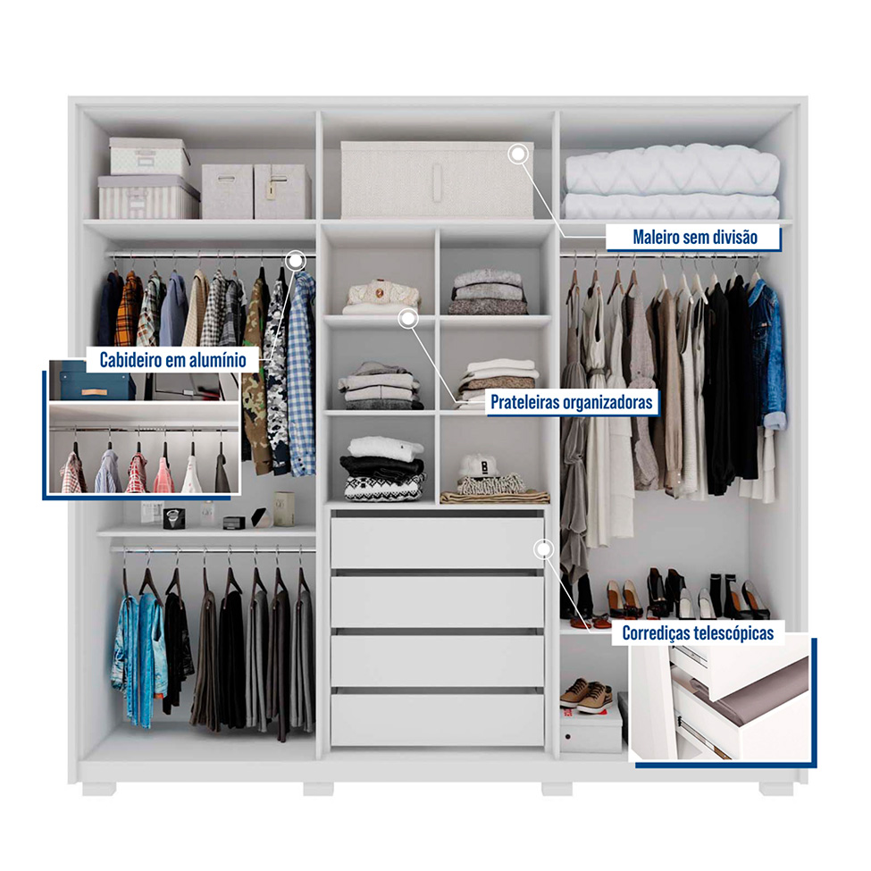 Guarda-Roupa Casal Mozart 6 Portas 4 Gavetas Branco