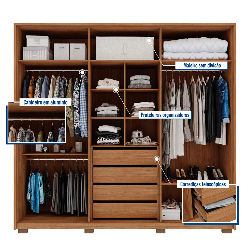 Guarda-Roupa Casal Mozart 6 Portas 4 Gavetas Buriti e Fendi