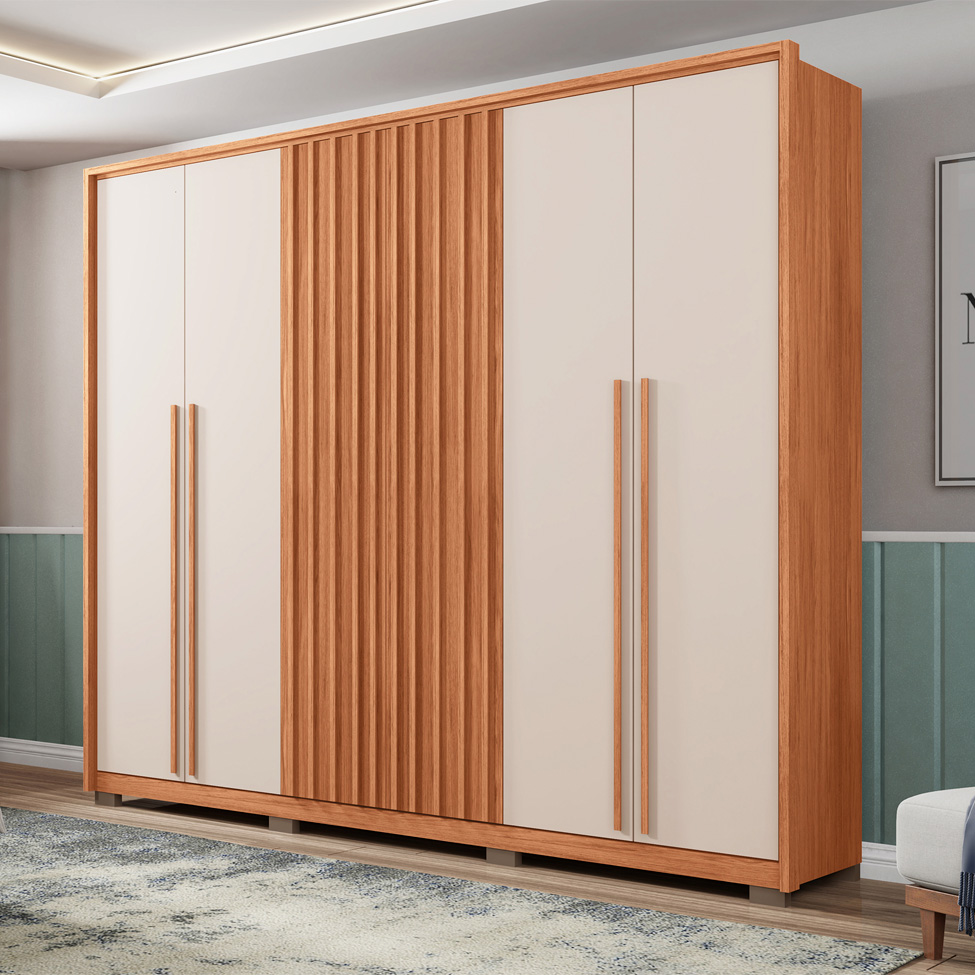 Guarda-Roupa Casal New Comodus Ripado 6 Portas 4 Gavetas Freijó e Off White