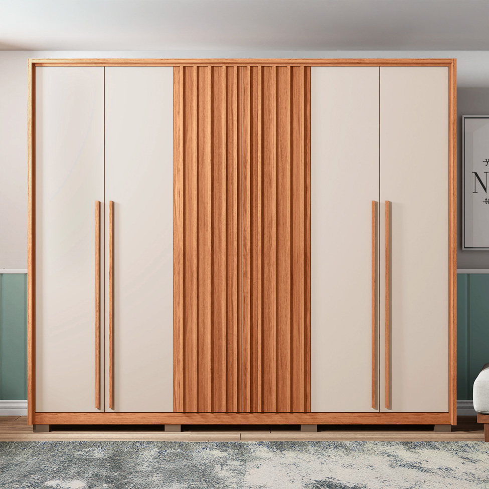 Guarda-Roupa Casal New Comodus Ripado 6 Portas 4 Gavetas Freijó e Off White