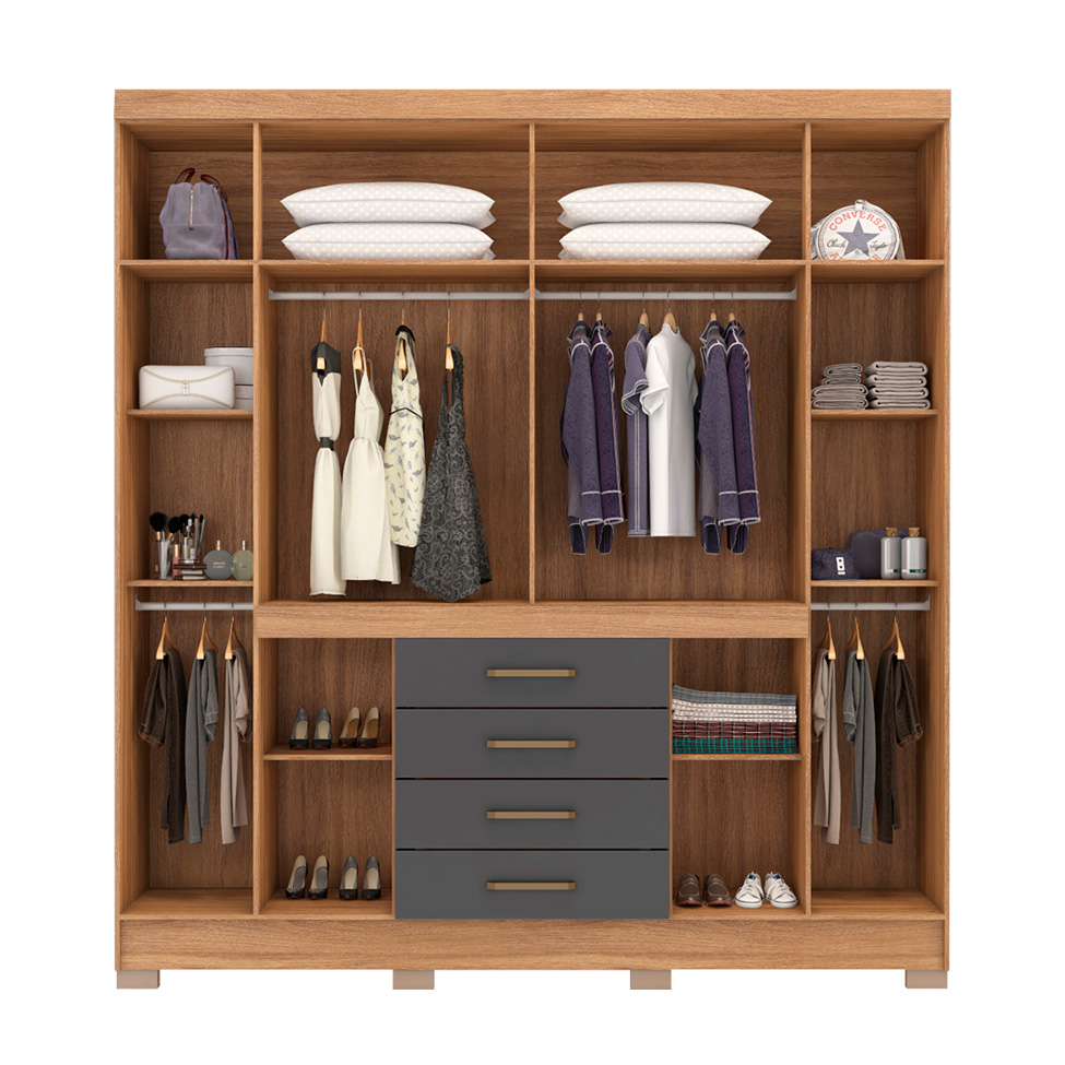 Guarda-Roupa Casal New Realce 8 Portas 4 Gavetas Amêndola e Grafito
