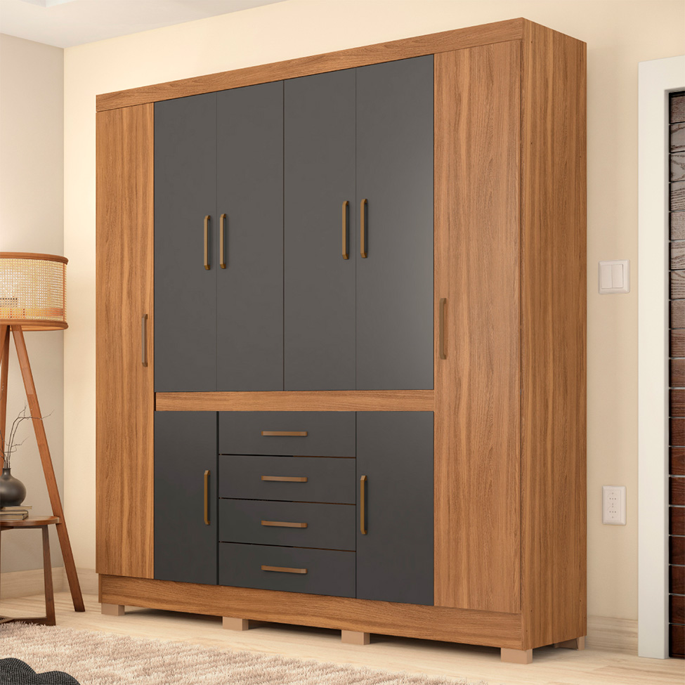 Guarda-Roupa Casal New Realce 8 Portas 4 Gavetas Amêndola e Grafito