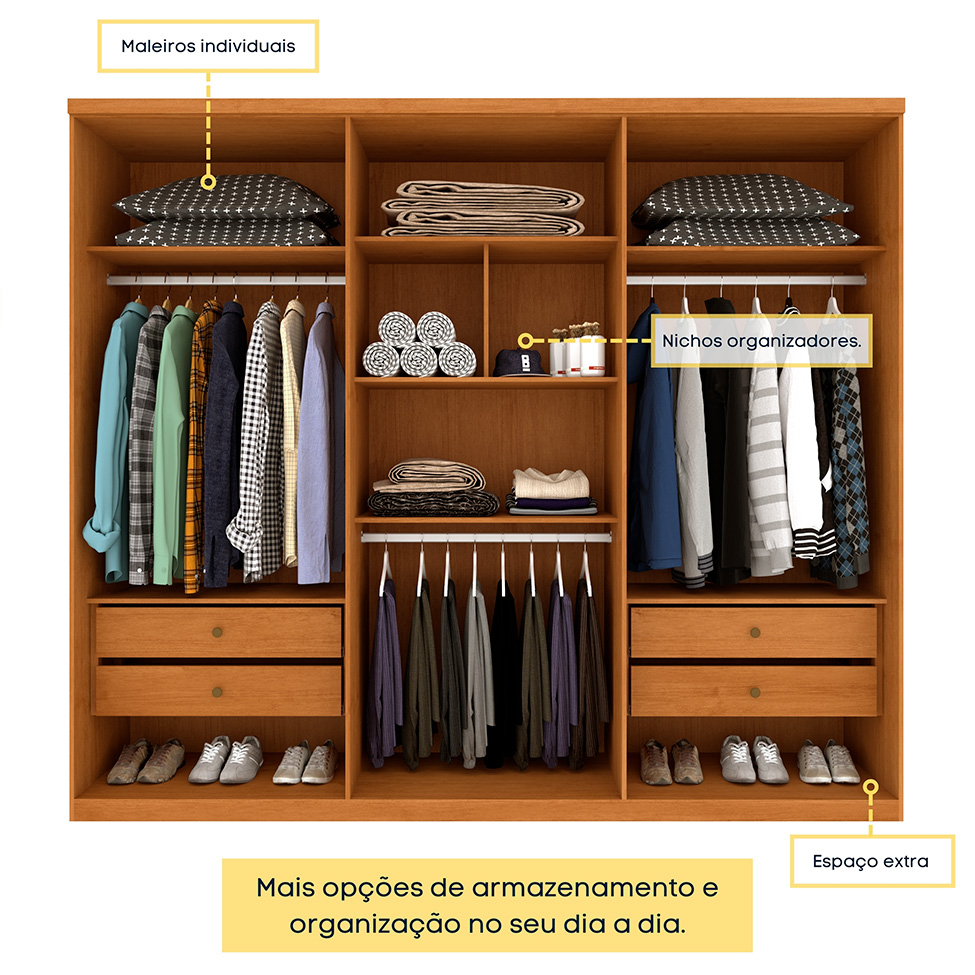 Guarda-Roupa Casal Paradiso com Pés 6 Portas 4 Gavetas Cinamomo 270 cm