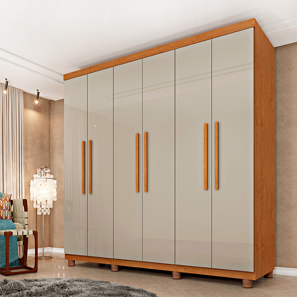 Guarda-Roupa Casal Paradiso com Pés 6 Portas 4 Gavetas Cinamomo e Off White 219 cm