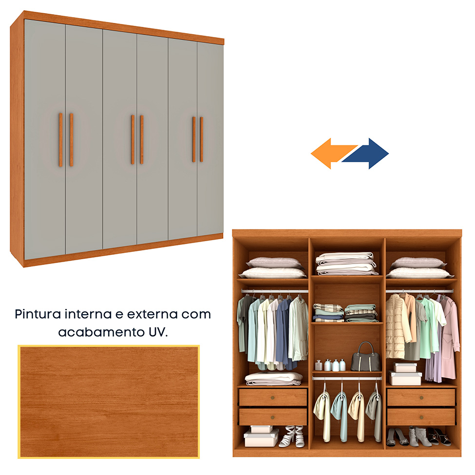 Guarda-Roupa Casal Paradiso com Pés 6 Portas 4 Gavetas Cinamomo e Off White 219 cm